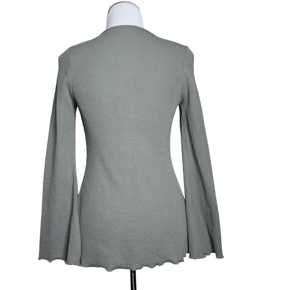 Solid V Neck Long Sleeve Zipper Split Front Knit Top Green Medium - Picture 2 of 12